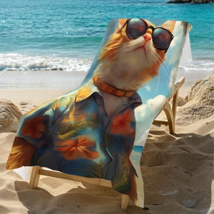 Microfiber beach towel with cartoon cat in sunglasses on a tropical wooden chair