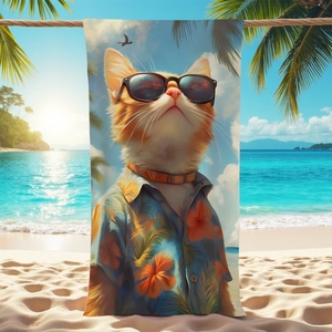 Microfiber beach towel with orange cat wearing sunglasses and Hawaiian shirt on beach
