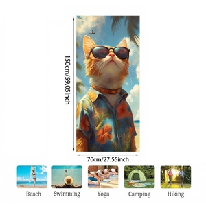 Microfiber beach towel with cat print and icons showing beach, yoga, and camping uses