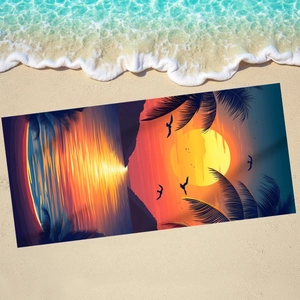 Microfiber beach towel featuring a sunset and palm tree print on a sandy beach