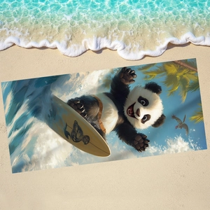 Absorbent microfiber beach towel featuring a cartoon surfing panda with palm trees