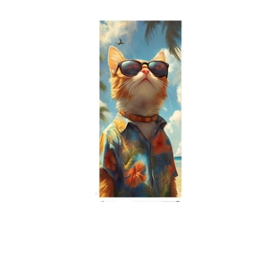 Microfiber beach towel with orange cat in sunglasses and Hawaiian shirt at the beach
