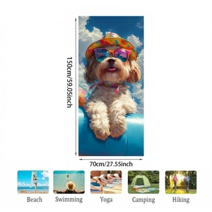 Detail view of 150x70cm microfiber beach towel with cool dog print and size dimensions