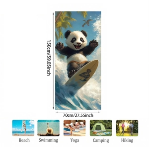 Detailed view of microfiber panda surf beach towel showing dimensions 150x70cm for multi-use