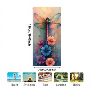 Microfiber beach towel with dragonfly floral print showing 150x70cm size and multiple uses
