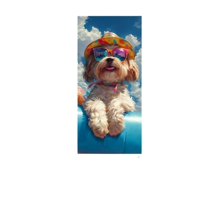 Microfiber beach towel featuring a cool dog with sunglasses and floral hat print