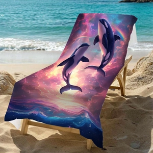 Orca whales digital print beach towel displayed on a chair by the ocean waves