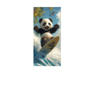 Microfiber beach towel featuring a cute surfing panda cartoon in a vibrant tropical beach scene