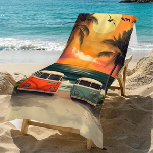 Serviette de plage en microfibre avec coucher de soleil et vans vintage sur transat