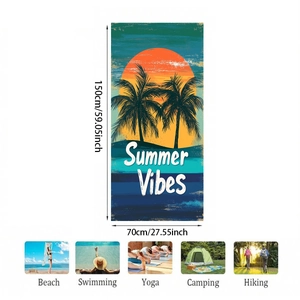 Detail view of microfiber beach towel with sunset palm tree print and size specifications