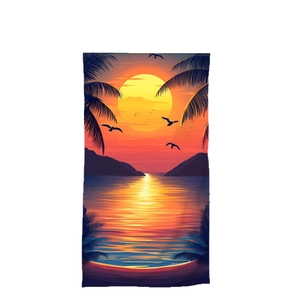 Microfiber beach towel featuring a tropical sunset with palm trees and birds