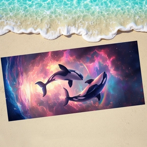 Microfiber beach towel with orca whales design on sand with ocean waves foam