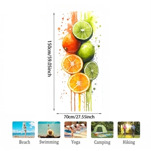 Detail of 150x70cm microfiber beach towel with citrus print and usage scenario icons