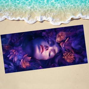 Dreamy purple microfiber beach towel with floral girl print on the sandy shore