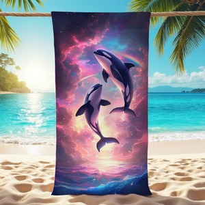 Detail of microfiber beach towel showing vibrant orca whales print and absorbent texture