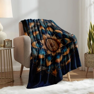 Mandala print flannel fleece throw blanket for sofa in blue and gold patterns