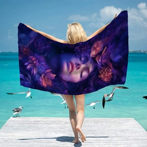 Dreamy Purple Girl Face Floral Print Microfiber Beach Towel Super Absorbent Quick Dry Bath Towel For Swimming Sports Travel