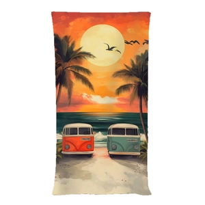 Microfiber beach towel with retro van and tropical sunset illustration in vibrant colors