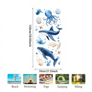Microfiber beach towel with blue marine life design and 150cm x 70cm size detail