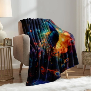 Coperta in pile double-face stampata con pavone universo cosmo su un comodo divano