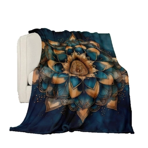 Blue and gold mandala pattern flannel blanket for sofa with intricate digital printing art