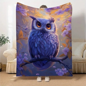 Artistic Purple Owl Floral Pattern Flannel Blanket Soft Warm Polyester Throw Blanket For Sofa Bed Couch Nap Travel Decor