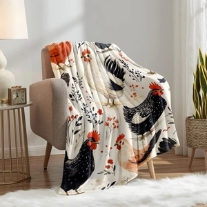 Artistic rooster pattern flannel blanket draped over a sofa in a warm rustic home setting