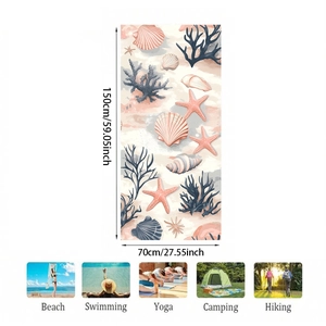 Detail view of microfiber beach towel with seashells and coral, size 150x70 cm