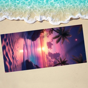 Microfiber beach towel featuring sunset palm tree prints on a scenic sandy beach shore
