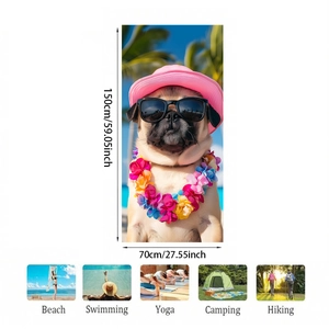 Pink pug microfiber beach towel showing 150x70cm size and multiple outdoor usage scenarios