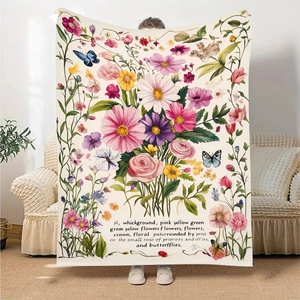 Pastoral Floral Butterfly Print Flannel Throw Blanket Soft Breathable Polyester Blanket For Sofa Bed Couch Home Decor