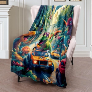 Soft Flannel Blanket Cartoon Dinosaur Jungle Adventure Print For Kids Adults Lightweight Cozy Warm Double Layered Sofa Bed Nap Throw