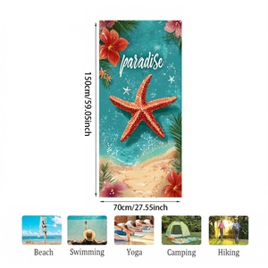 Detail view of 150x70cm microfiber beach towel with red starfish and tropical paradise print