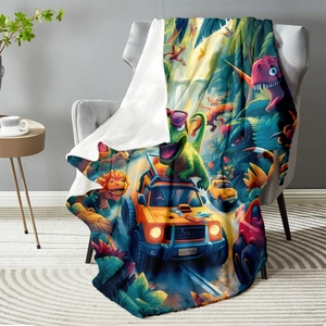 Double-sided flannel blanket featuring cartoon dinosaur and yellow off-road vehicle print