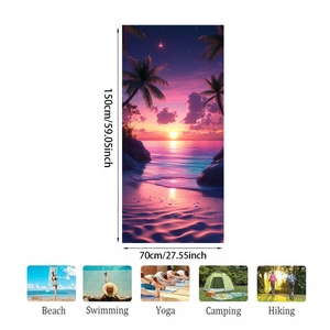 Detail view of 150x70cm sunset microfiber beach towel with palm trees and ocean waves