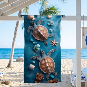 Close-up of microfiber beach towel showing high-definition sea turtle digital printing