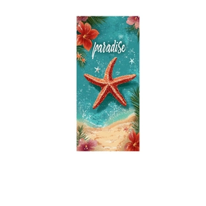 Microfiber beach towel with red starfish print, tropical palm leaves and paradise text
