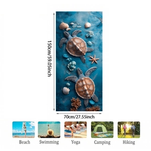 Detail view of sea turtle microfiber beach towel showing 70x150cm size and usage icons