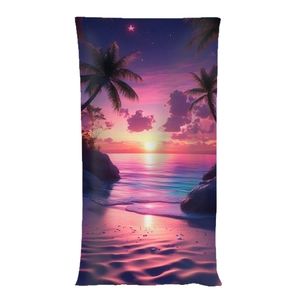 Microfiber beach towel with sunset palm tree print for travel and beach use