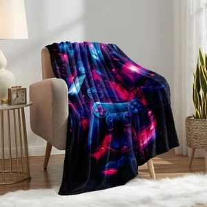 Gamepad printed flannel blanket for gamers with neon cyberpunk aesthetic on sofa