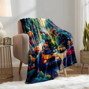Soft flannel dinosaur cartoon blanket draped over a cozy living room armchair