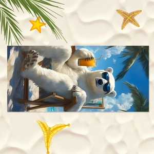 Detail of microfiber beach towel featuring polar bear with sunglasses on beach chair