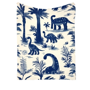 Cartoon dinosaur print flannel blanket with navy blue prehistoric pattern for kids
