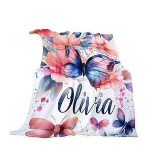 Custom flannel blanket featuring watercolor flowers and blue butterfly with name Olivia
