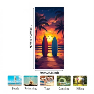Detail showing 150x70cm microfiber beach towel with sunset surfing print and use cases