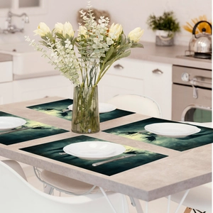 Set of four heat-resistant rectangle placemats with green dragon pattern for table decor