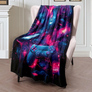 Cyberpunk gaming gamepad flannel blanket on a modern white armchair with neon blue print
