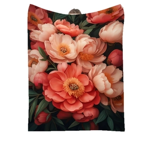 Floral flannel air conditioning blanket with rich peony digital print pattern