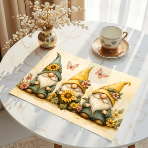Floral Gnomes placemat for 2025 table decor with sunflower prints on white marble
