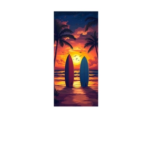 Microfiber beach towel with sunset palm trees and surfboards digital printing pattern